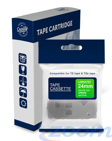 Premium Compatible Brother TZe755, TZ755 White Text on Green Laminated Tape
