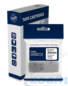 Premium Compatible Brother TZSe5, TZS5 Black Text on White Tamper Evident Laminated Tape