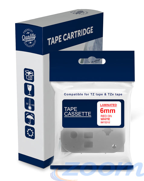 Premium Compatible Brother TZe212, TZ212 Red Text on White Laminated Tape