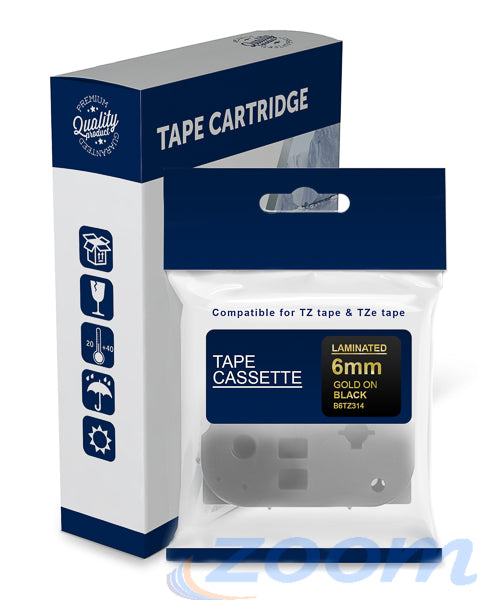 Premium Compatible Brother TZe314, TZ314 Gold Text on Black Laminated Tape