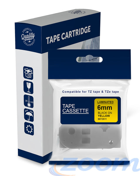 Premium Compatible Brother TZe611, TZ611 Black Text on Yellow Laminated Tape