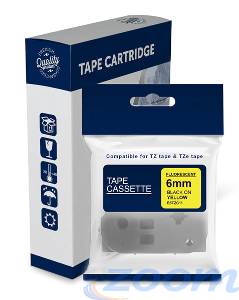 Premium Compatible Brother TZeC11, TZC11 Black Text on Fluorescent Yellow Laminated Tape