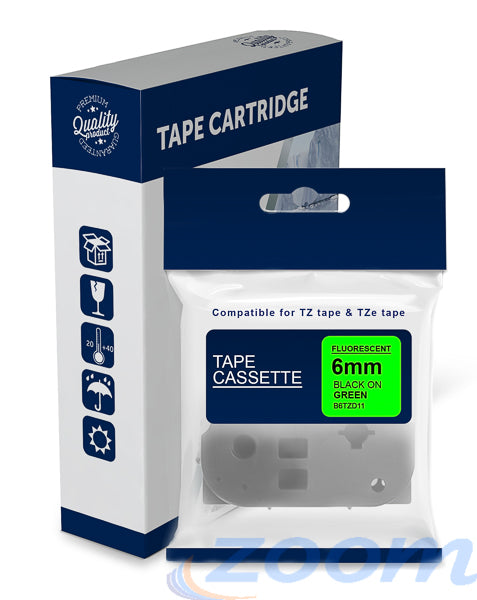 Premium Compatible Brother TZeD11, TZD11 Black Text on Fluorescent Green Laminated Tape
