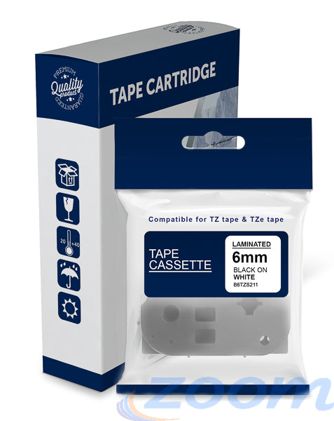 Premium Compatible Brother TZeS211, TZS211 Black Text on Strong Adhesive White Laminated Tape