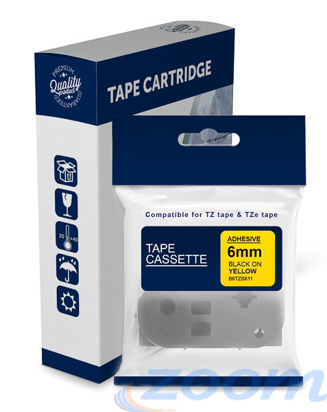 Premium Compatible Brother TZeS611, TZS611 Black Text on Strong Adhesive Yellow Laminated Tape