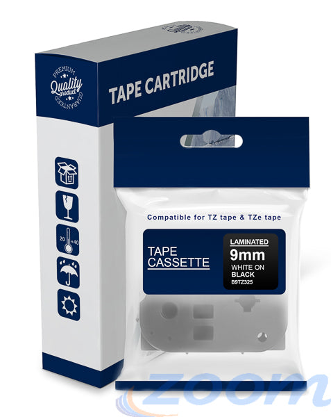 Premium Compatible Brother TZe325, TZ325 White Text on Black Laminated Tape