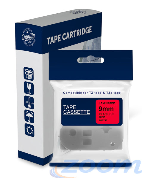 Premium Compatible Brother TZe421, TZ421 Black Text on Red Laminated Tape