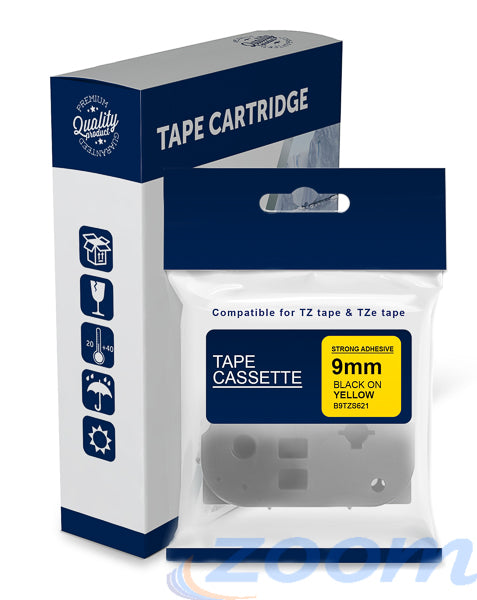 Premium Compatible Brother TZeS621, TZS621 Black Text on Strong Adhesive Yellow Laminated Tape