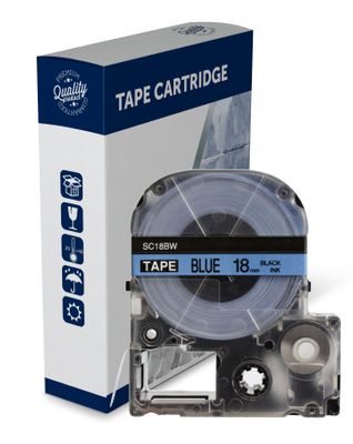 Epson SC18BW, Premium Compatible Black Text on Blue Label Tape - 18mm Wide X 8 Metres Long
